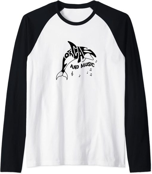 Orcas and Music Notes Whale Musician Clef Raglan Baseball Tee