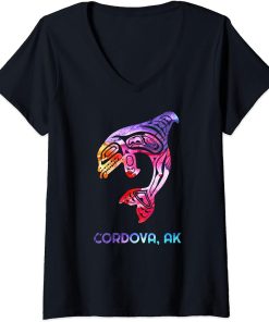 Womens Cordova Alaska PNW Native American Indian Orca Killer Whale V-Neck T-Shirt