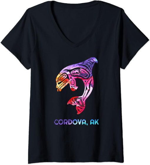 Womens Cordova Alaska PNW Native American Indian Orca Killer Whale V-Neck T-Shirt