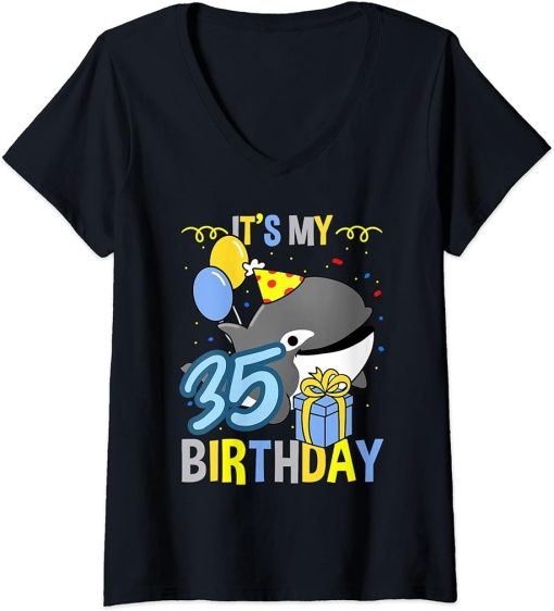 Womens Its My 35th Birthday Orca Whale V-Neck T-Shirt