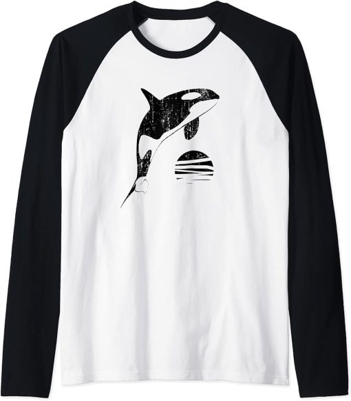 Orca Whale Jumping Sunset Retro Vintage Orca Graphic Raglan Baseball Tee